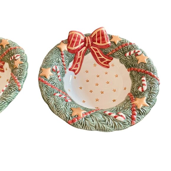 Fitz and Floyd Bow Candy Bowl Set of 2 With Christmas Tree Design 7" Wide - Picture 5 of 8